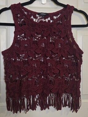Ambiance - Burgundy Crochet Lace Floral Fringe Camisole